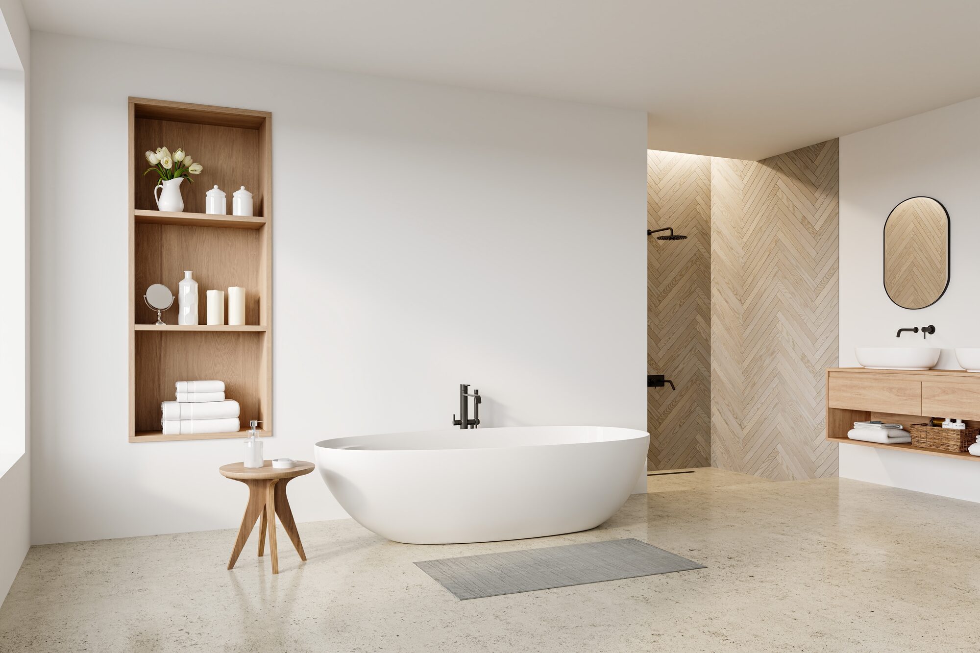 A clean bathroom vanity and mirror
