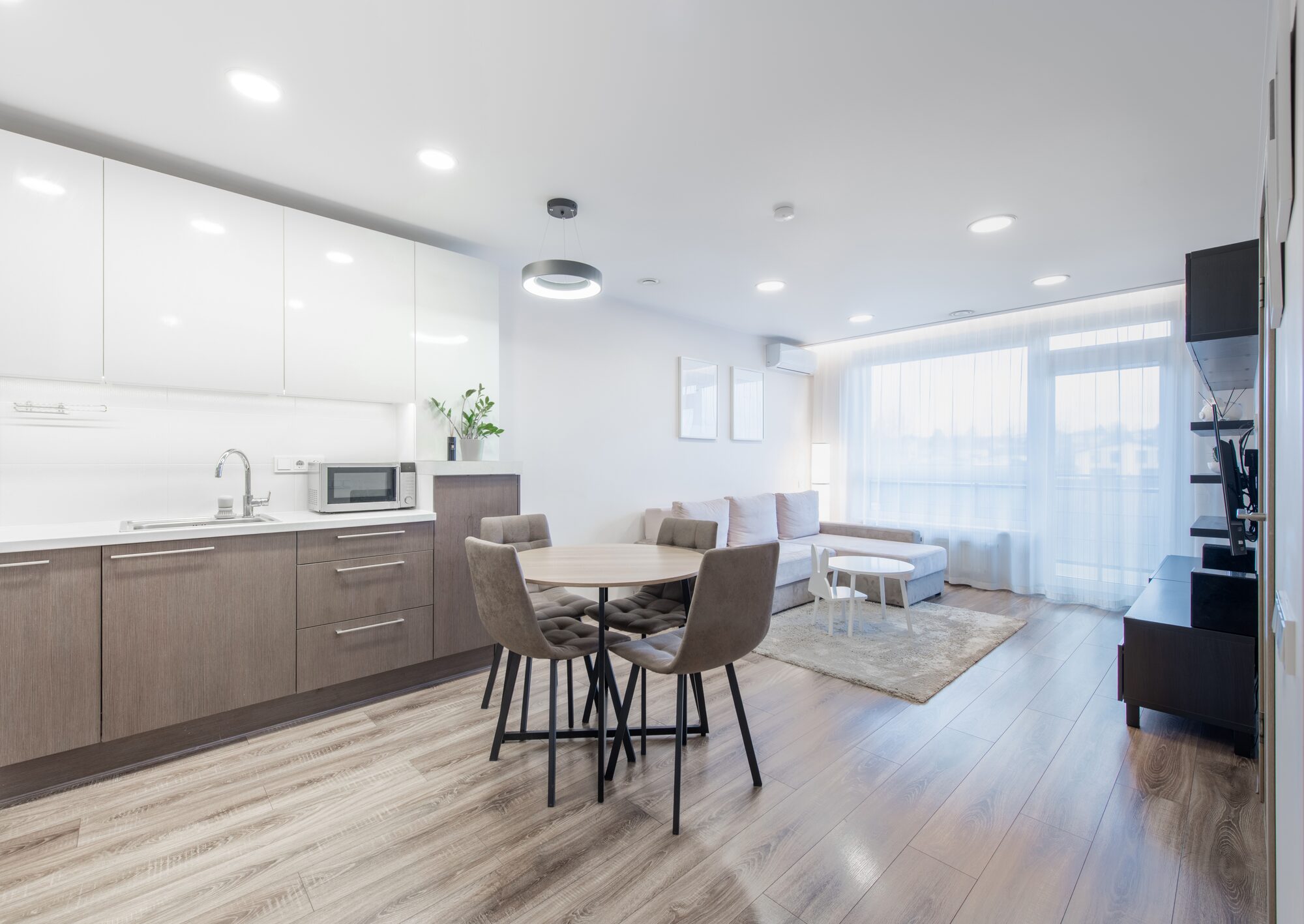 An open-plan kitchen, dining and living area