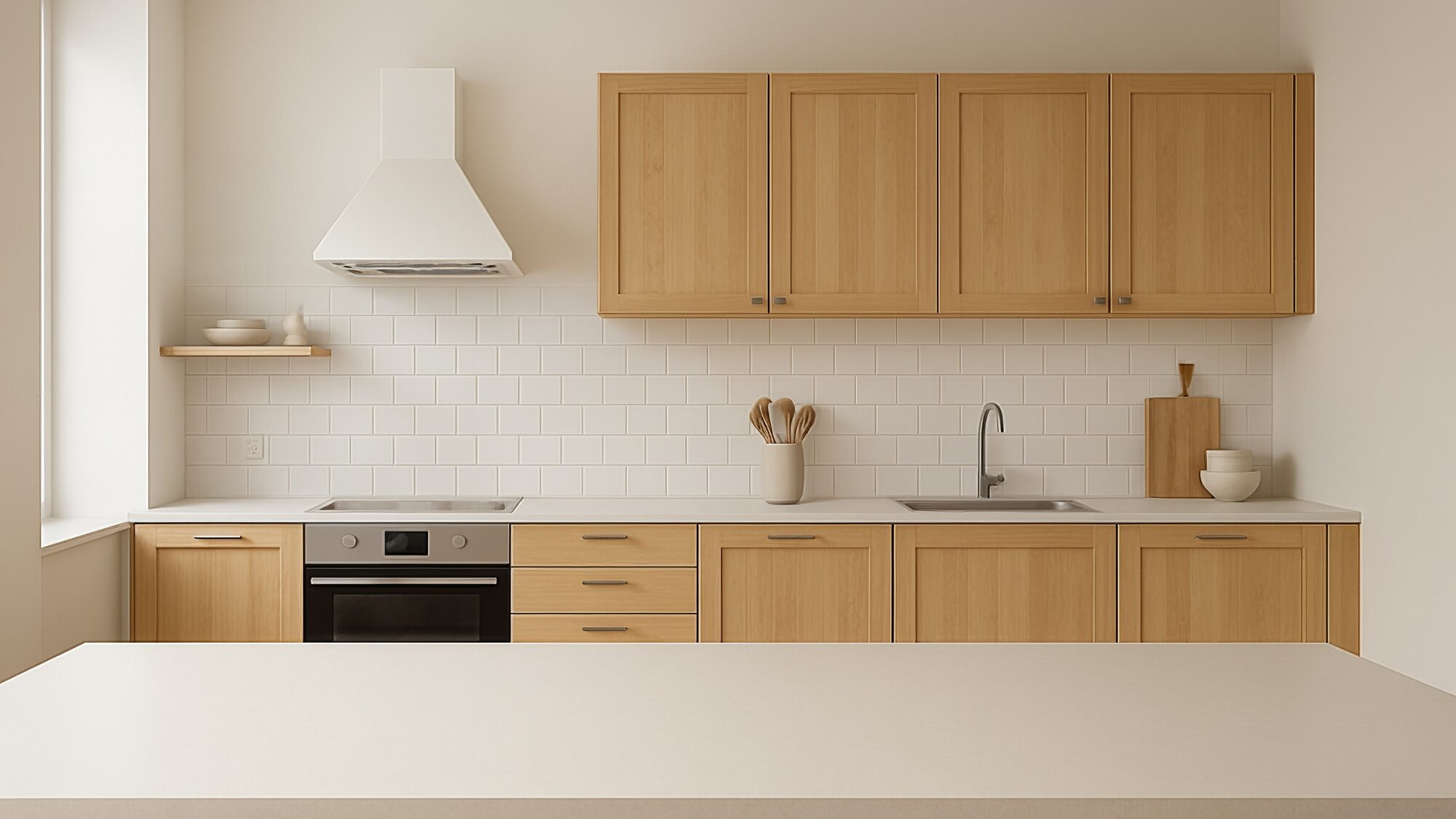 A timber kitchen with white subway tiles and a clear benchtop